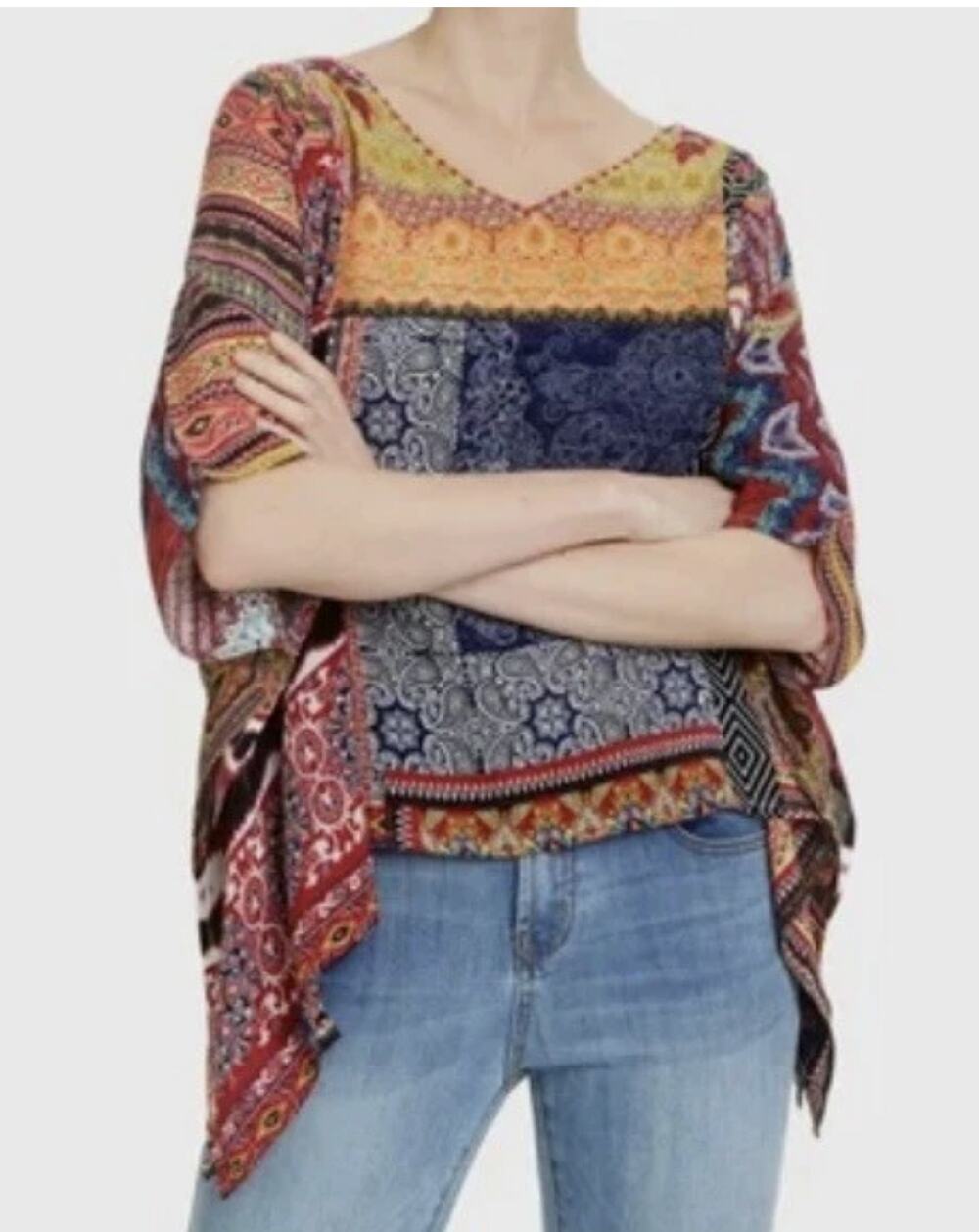 Desigual Poncho Top Blouse Colorful Lagenlook Floral Embroidery Paisley Ikat L